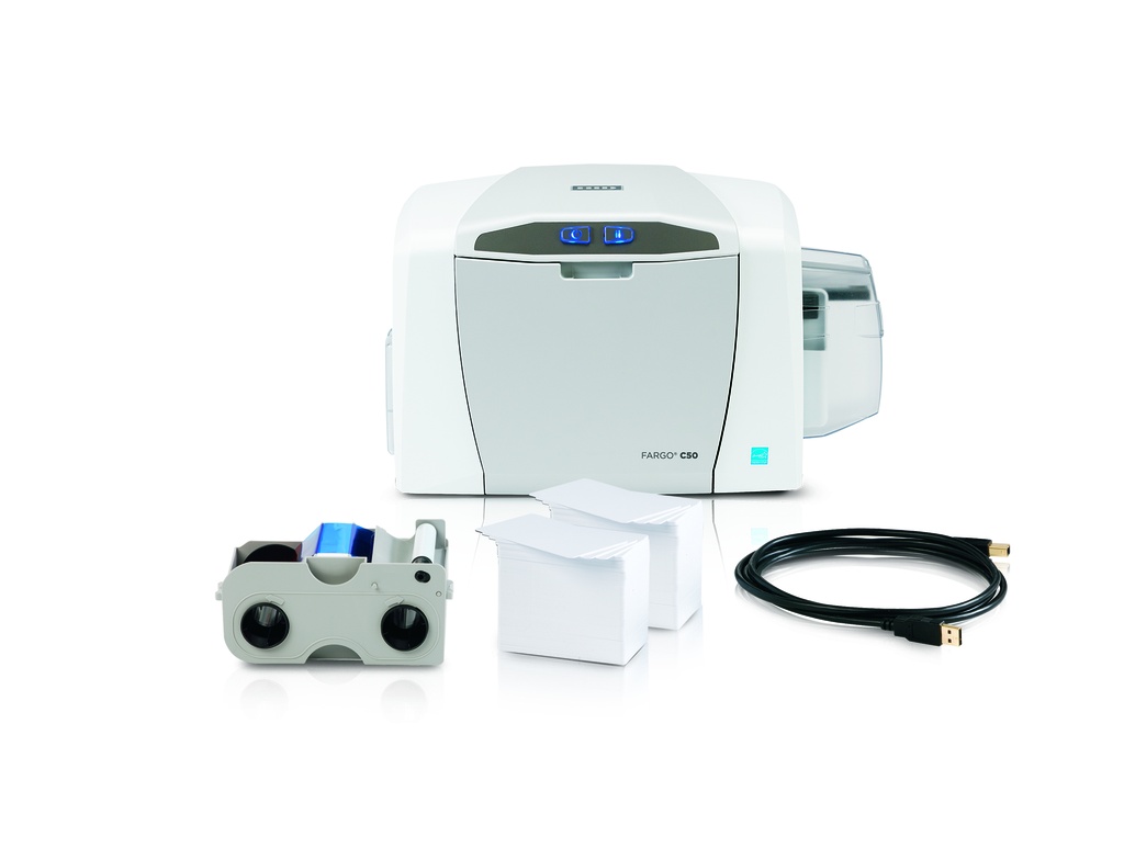 HID Fargo C50 BASIC BUNDLE Includes: C50 single-sided printer  with USB Cable, EZ - full-color ribbon cartridge (100 images), 100 UltraCard PVC cards.